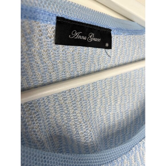 Anna Grace Oversized Knit Sweater Blue White Medium Layered Casual Fall - Picture 3 of 13